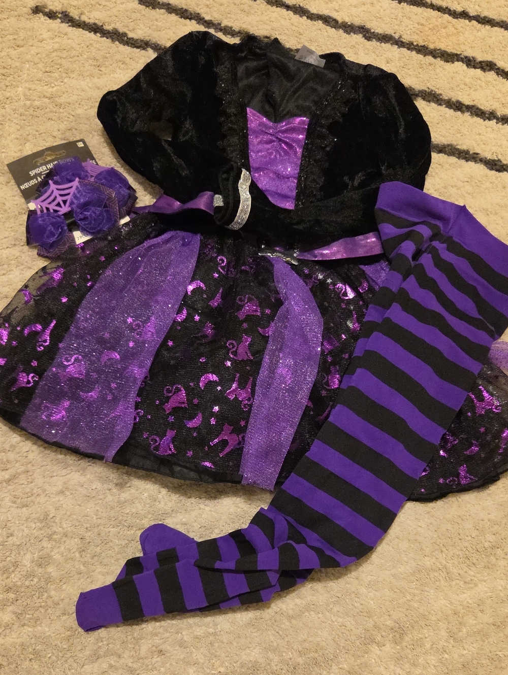 Spirit Purple and Black Girls' Witch Costume with Striped Tights